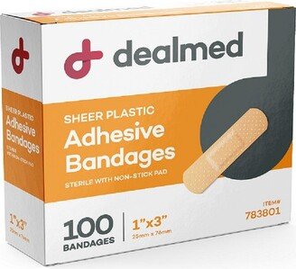 Dealmed 1 x 3 Sheer Adhesive Bandages with Non-Stick Pad, Latex Free Wound Care, 100 Count (Pack of 1)