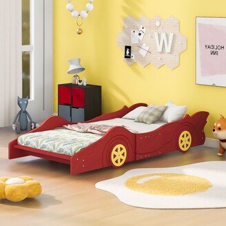 Calnod Red Pine Wood Twin Size Race Car-Shaped Platform Bed with Wheels - Unique Design, High Quality, Safety Rails