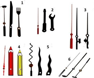 Specialty - Novelty Clock Hands Tools/Crayons/Silverware/Fishing Poles/Wavy/Golf Clubs