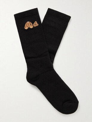 Embroidered Ribbed Cotton-Blend Socks