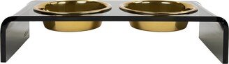 Hiddin Small Smoke Grey Double Bowl Pet Feeder With Gold Bowls