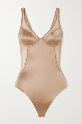 Shaping Mesh-trimmed Stretch-satin Thong Bodysuit - Neutrals