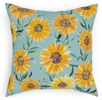 Outdoor Pillows: Watercolor Sunflowers - Yellow On Blue Outdoor Pillow, 18X18, Double Sided, Yellow