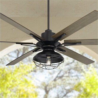 Casa Vieja 60 Expedition Modern Industrial Outdoor Ceiling Fan with Led Light Remote Control Matte Black Brown Wood Blades Damp Rated for Patio Exter