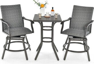 3PCS Patio Rattan Bar Table Stools Set Aluminum 360Â° Swivel Chairs with Padded Seat