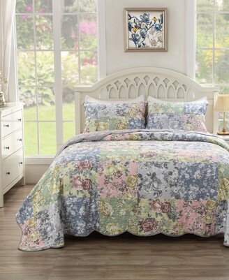 Emma Traditional Floral Print 3 Piece Quilt Set, Full/Queen