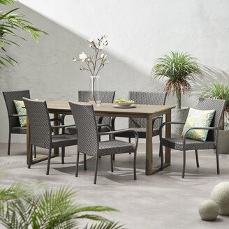 Nibley Outdoor Acacia Wood and Wicker Outdoor 7 Piece Dining Set