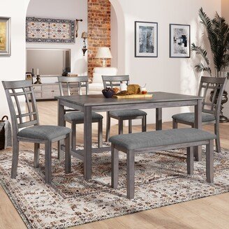 GREATPLANINC 6 Piece Spacious Dining Table Set, Wood Frame Kitchen Table Set with 4 Slat Back Chairs and Upholstered Bench for Dining Room