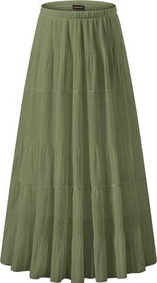 NASHALYLY Women's Chiffon Elastic High Waist Pleated A-Line Flared Maxi Skirts(Olive green-148