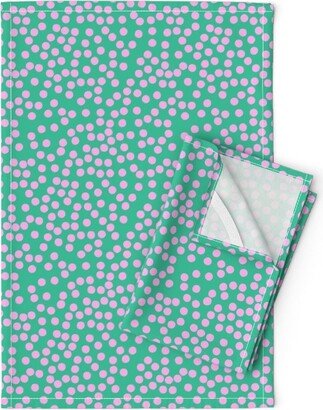 Modern Dots Tea Towels | Set Of 2 - Tiny Green Pink By Industryofhappiness Polka Tropical Linen Cotton Spoonflower