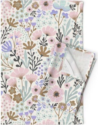 Pastel Garden Flower Tea Towels | Set Of 2 - Candy Flowers By Garabateo Pink Green Gold Baby Linen Cotton Spoonflower