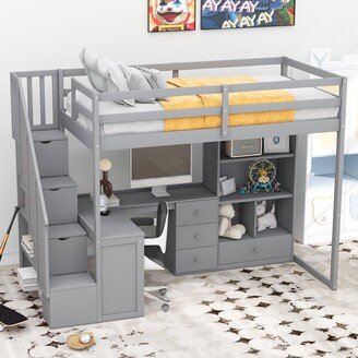 EDWINRAY Wood Twin Size Loft Bed with L-Shaped Desk and Drawers, Grey