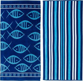 Cotton Jacquard Theme Printed Beach Towel 2 Pack - Great Bay Home (Fish & Stripes)