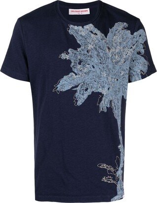 palm-tree-print organic-cotton-linen-blend T-shirt