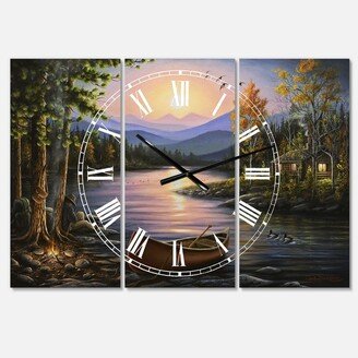 Designart Campfire Stories Large Lake House 3 Panels Wall Clock - 23