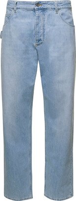 Light Blue 5-pocket Style Jeans With Green Patch In Cotton Denim Woman