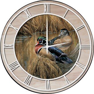 House & Homebody Co. Wall Clock with Natural Woodgrain Accent - Back Waters Wood Duck - White Numbers - 24 x 24