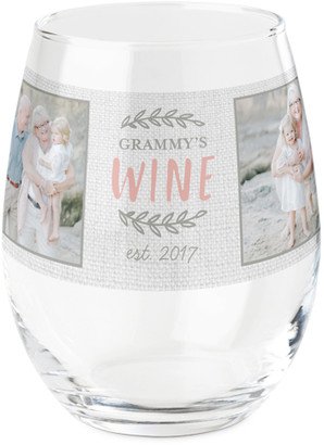 Stemless Wine Glasses: Burlap Laurels Printed Wine Glass, Printed Wine, Set Of 1, Beige