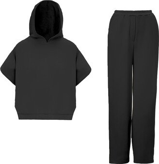 Bluzat Black Matching Set With Vest Hoodie And Wide Leg Trousers With Side Slit