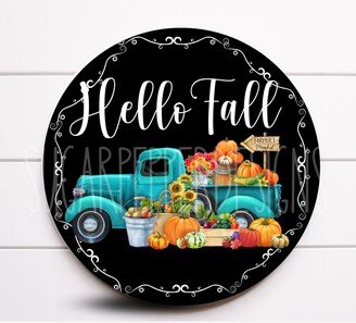 Wreath Sign, Hello Fall Blue Truck Pumpkin Sugar Pepper Designs, Sign For