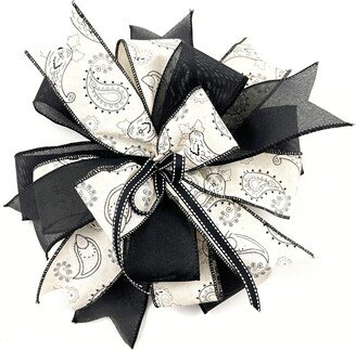 Pre-Made Black & White Paisley Wreath Bow, Embellishment, Farmhouse Or Lantern Accessory, Front Door Hanger