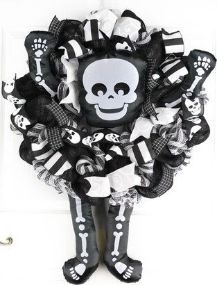 Black Halloween Wreath, Skull Skeleton Wreaths, Trick Or Treat Front Door White Burlap