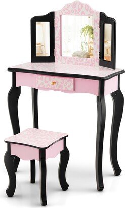 Kid Vanity Set Wooden Makeup Table Stool Tri-Folding Mirror - See Details-AA