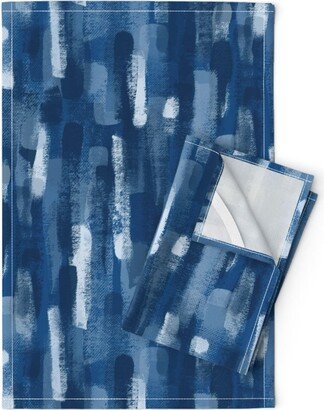 Abstract Tea Towels | Set Of 2 - Brush Trails in Blue By Kellyirvine Denim Monochrome Linen Cotton Spoonflower