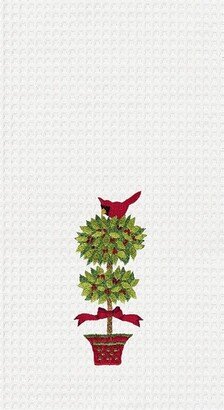 Cardinal in Topiary Waffle Weave Cotton Kitchen Towel