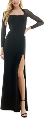 Juniors' Back-Cutout Mesh-Sleeve Gown