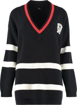 Logo Patch V-Neck Striped Sweater