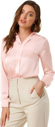 Allegra K Women's Elegant V Neck Long Sleeve Office Work Satin Blouse Light Pink X-Large