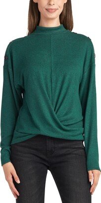 Juniors' Mock Neck Ribbed-Trim Crossover-Hem Sweater