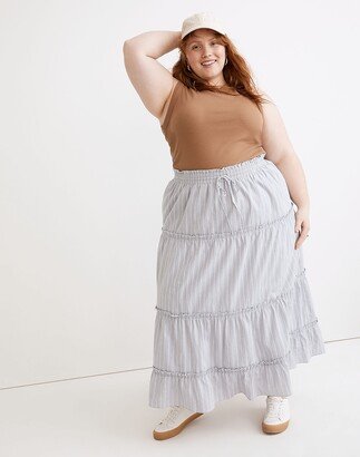 Plus Striped Pull-On Ruffle Tiered Maxi Skirt