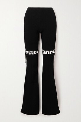 Lace-up Ribbed-knit Flared Leggings - Black