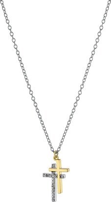 Cubic Zirconia Double Cross Pendant Necklace in Sterling Silver & Gold-Plate, 16 + 2 extender, Created for Macy's