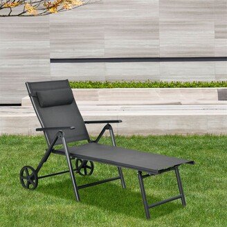 Adjustable Aluminum Patio Lounge Chair with Wheels Neck Pillow-Gray