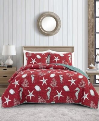 Videri Home Festive Seahorse Reversible 3 Piece Quilt Set Collection