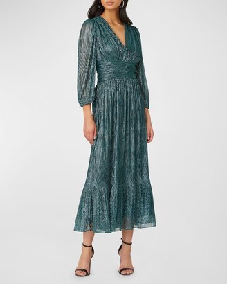 Clara Blouson-Sleeve Metallic Empire Midi Dress