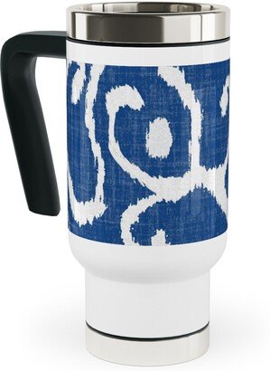 Travel Mugs: Lucette Ikat - Navy Travel Mug With Handle, 17Oz, Blue