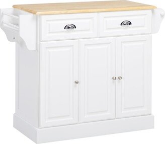 Homcom Kitchen Island with Storage, Rolling Kitchen Serving Cart with Rubber Wood Top, Towel Rack, Spice Rack, Storage Drawer and Cabinet, White - Whi