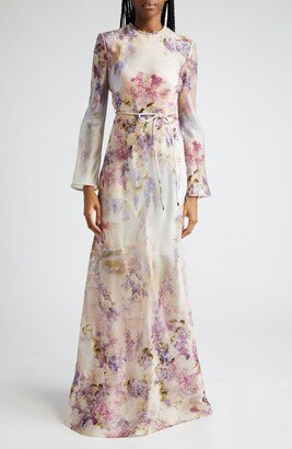 Luminosity Floral Print Long Sleeve Silk Satin Dress