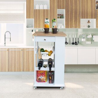 EDWINRAY Kitchen island and kitchen trolley, mobile kitchen island with two lockable wheels, kitchen trolley with rubberwood top