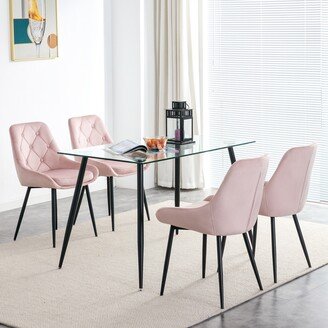 EDWINRAYLLC 5-Piece Kitchen Dining Room Table Set with 4 Pink Velvet Fabric Chairs and Metal Legs Glass Table for Living Room Offices