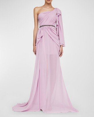 Atelier Prabal Gurung Ceci Draped Slit-Hem One-Shoulder Gown