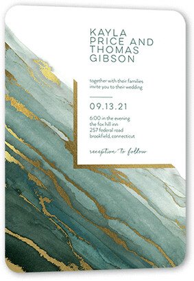 Wedding Invitations: Marble Wave Wedding Invitation, Green, Gold Foil, 5X7, Pearl Shimmer Cardstock, Rounded