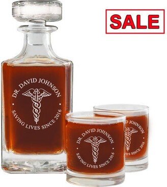 Doctor Whiskey Decanter Set, Engraved Decanter, Glasses, Husband Gift, Saving Lives, Dr., Caduceus