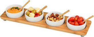 Bamboo Entertaining Set with 4 Ceramic Bowls in Line