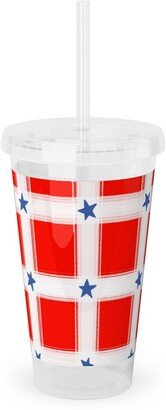 Travel Mugs: Star Plaid Acrylic Tumbler With Straw, 16Oz, Red