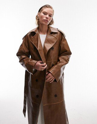 long-line washed faux leather trench in tan